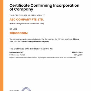 Singapore ACRA Certificate Confirming Registration / Incorporation of Entity Retrieval