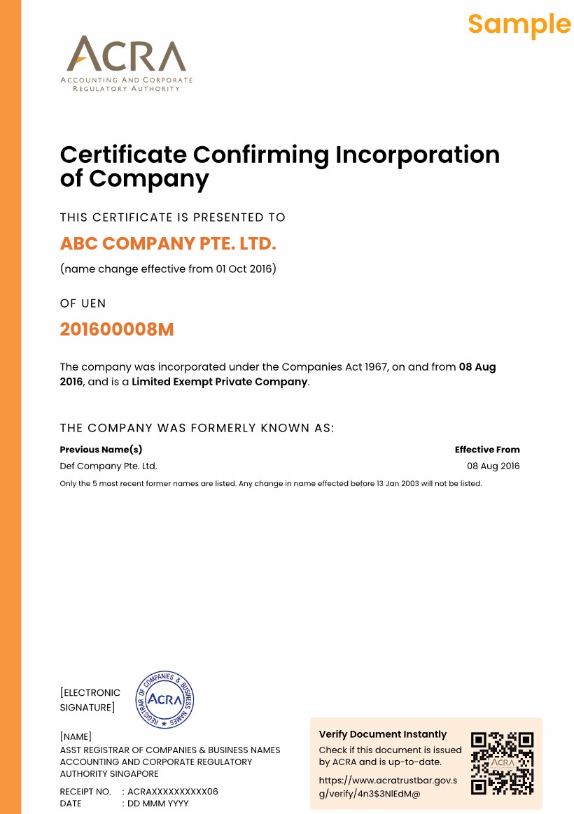 Singapore ACRA Certificate Confirming Registration / Incorporation of Entity Retrieval