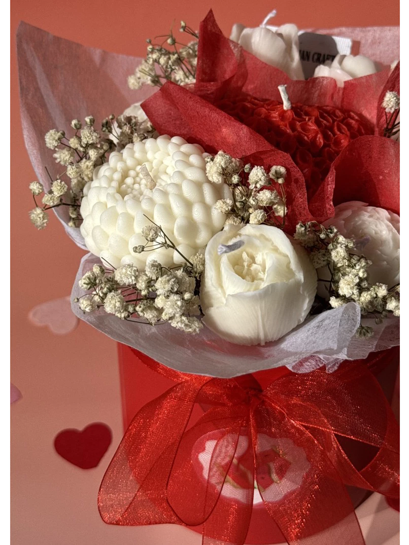 Khersonian Crafts Scented Flower Box Bouquet Candle Soy Wax Bees Wax Handmade Red White Gift Ideas - Image 4