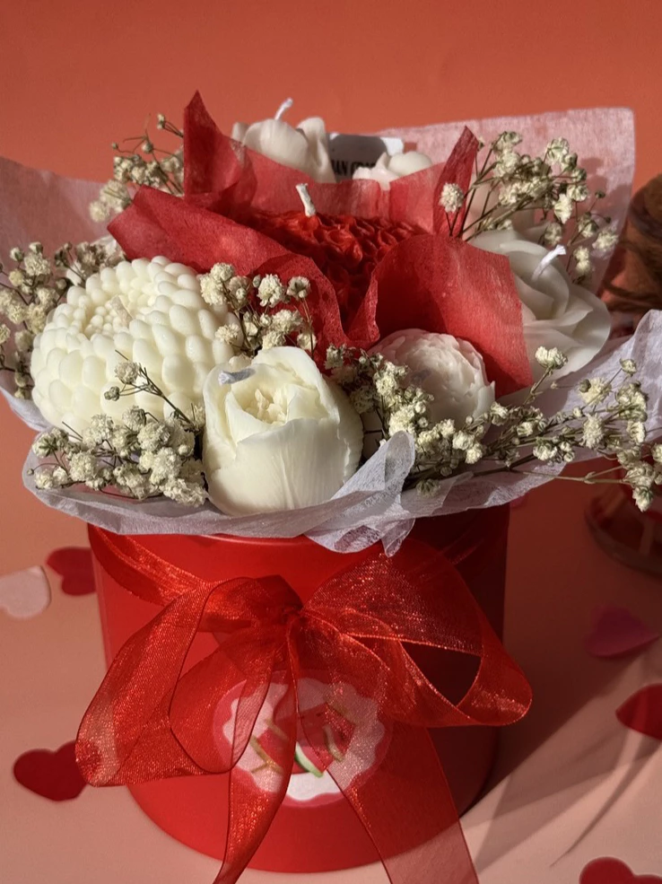 Khersonian Crafts Scented Flower Box Bouquet Candle Soy Wax Bees Wax Handmade Red White Gift Ideas - Image 8