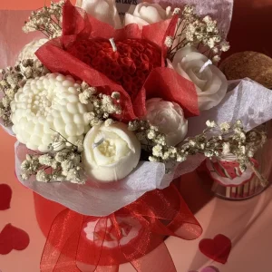 Khersonian Crafts Scented Flower Box Bouquet Candle Soy Wax Bees Wax Handmade Red White Gift Ideas