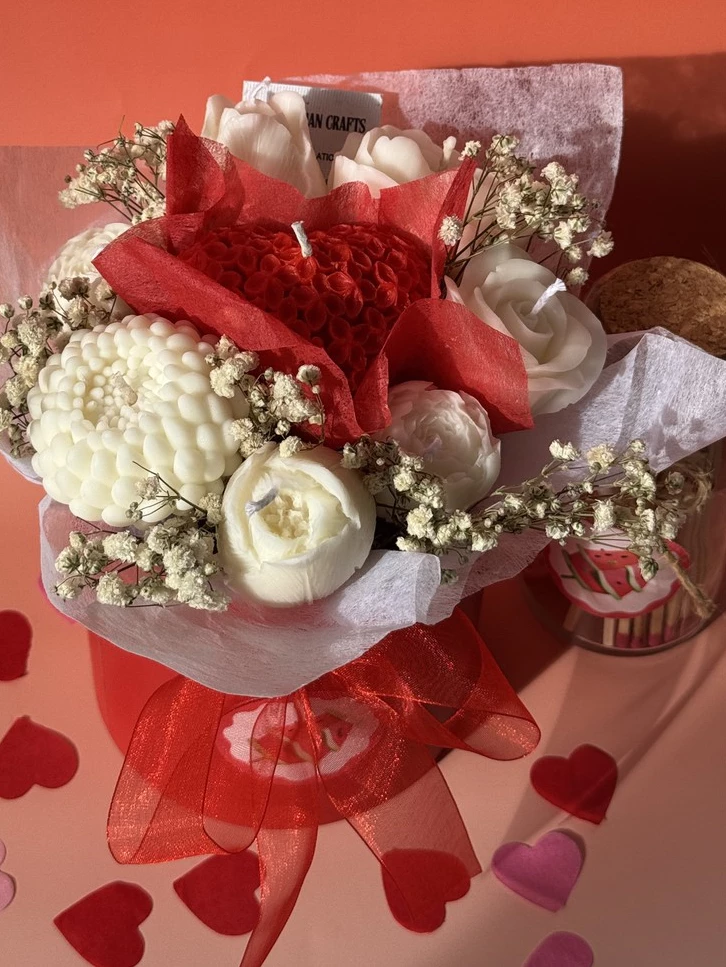Khersonian Crafts Scented Flower Box Bouquet Candle Soy Wax Bees Wax Handmade Red White Gift Ideas