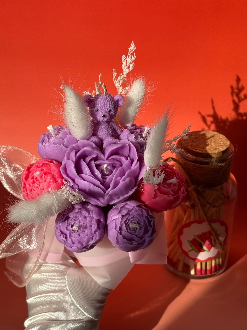 Khersonian Crafts Scented Flower Box Bouquet Candle Soy Wax Bees Wax Handmade Purple Gift Ideas - Image 2