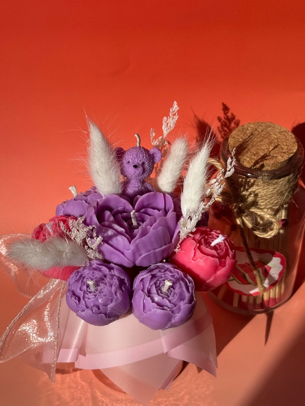 Khersonian Crafts Scented Flower Box Bouquet Candle Soy Wax Bees Wax Handmade Purple Gift Ideas - Image 4