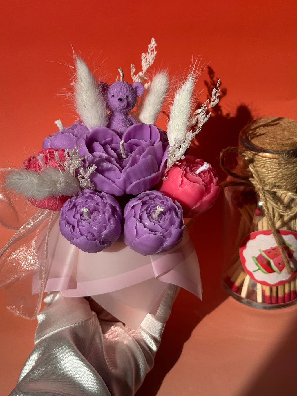 Khersonian Crafts Scented Flower Box Bouquet Candle Soy Wax Bees Wax Handmade Purple Gift Ideas