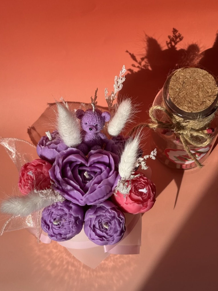 Khersonian Crafts Scented Flower Box Bouquet Candle Soy Wax Bees Wax Handmade Purple Gift Ideas - Image 5